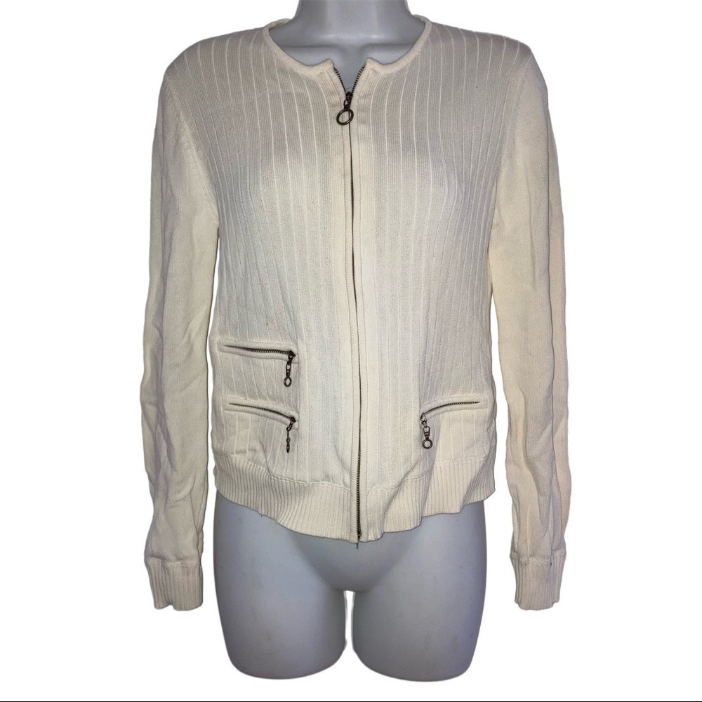 Worth Zip Front Cardigan Ribbed Sweater S Cream